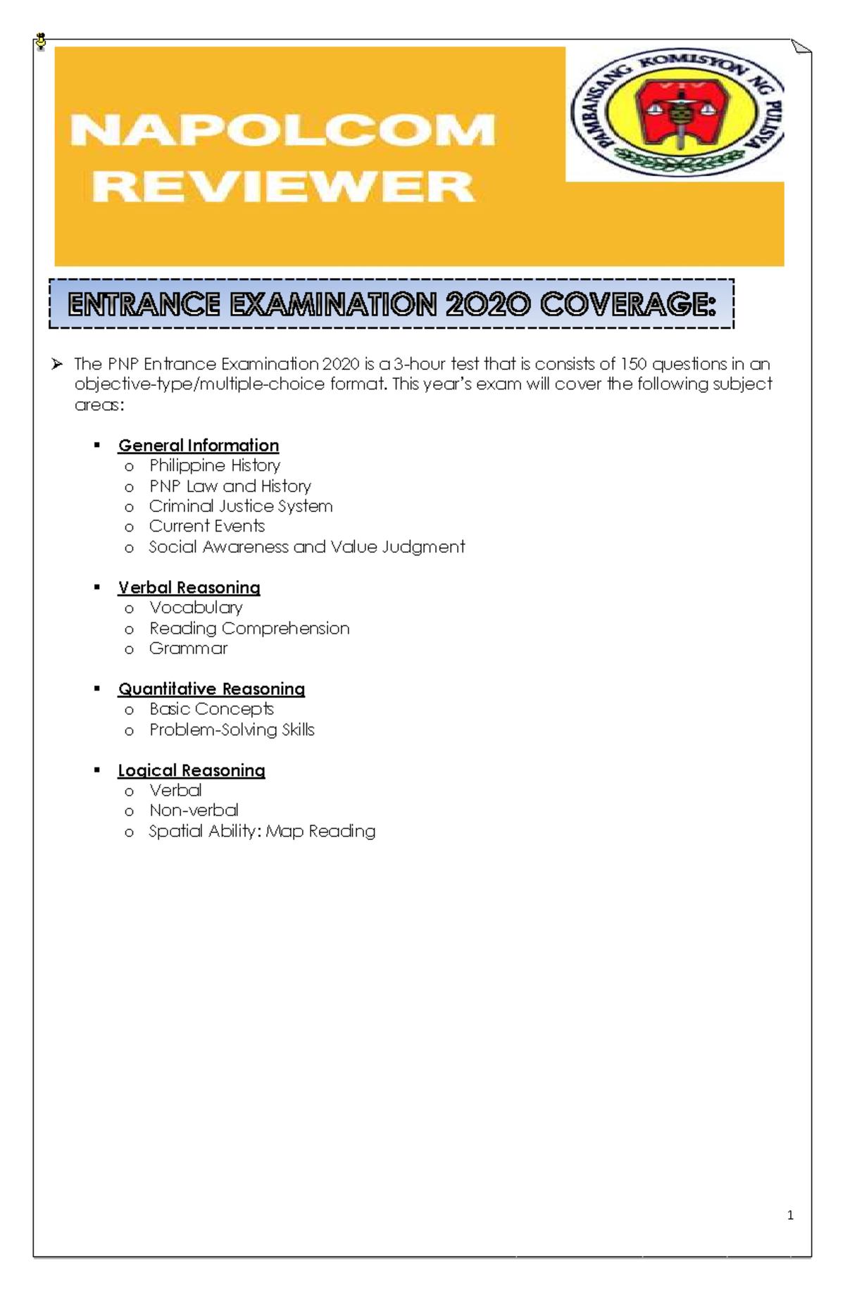 PNP Entrance Exam Reviewer 2020: Comprehensive Study Guide - Studocu