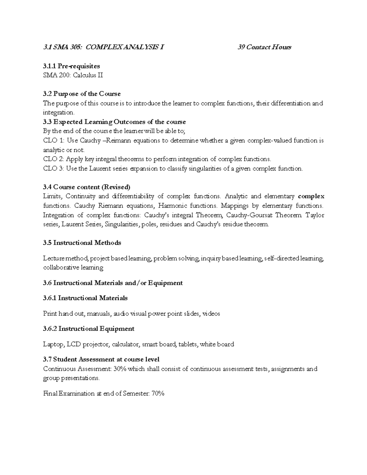 SMA 305: Course Outline for Complex Analysis I (39 Contact Hours) - Studocu