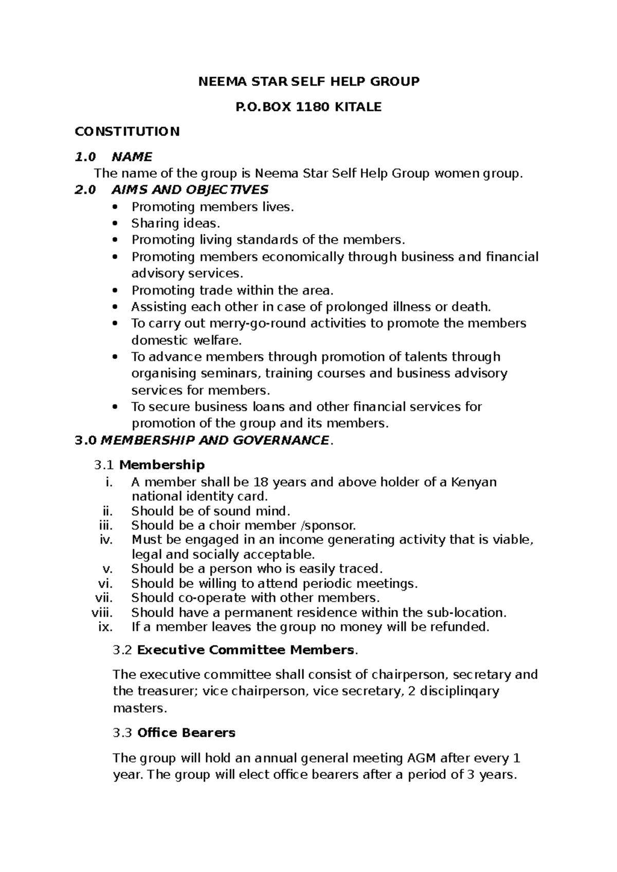 Neema STAR Self Help Group Constitution and Objectives Document - Studocu