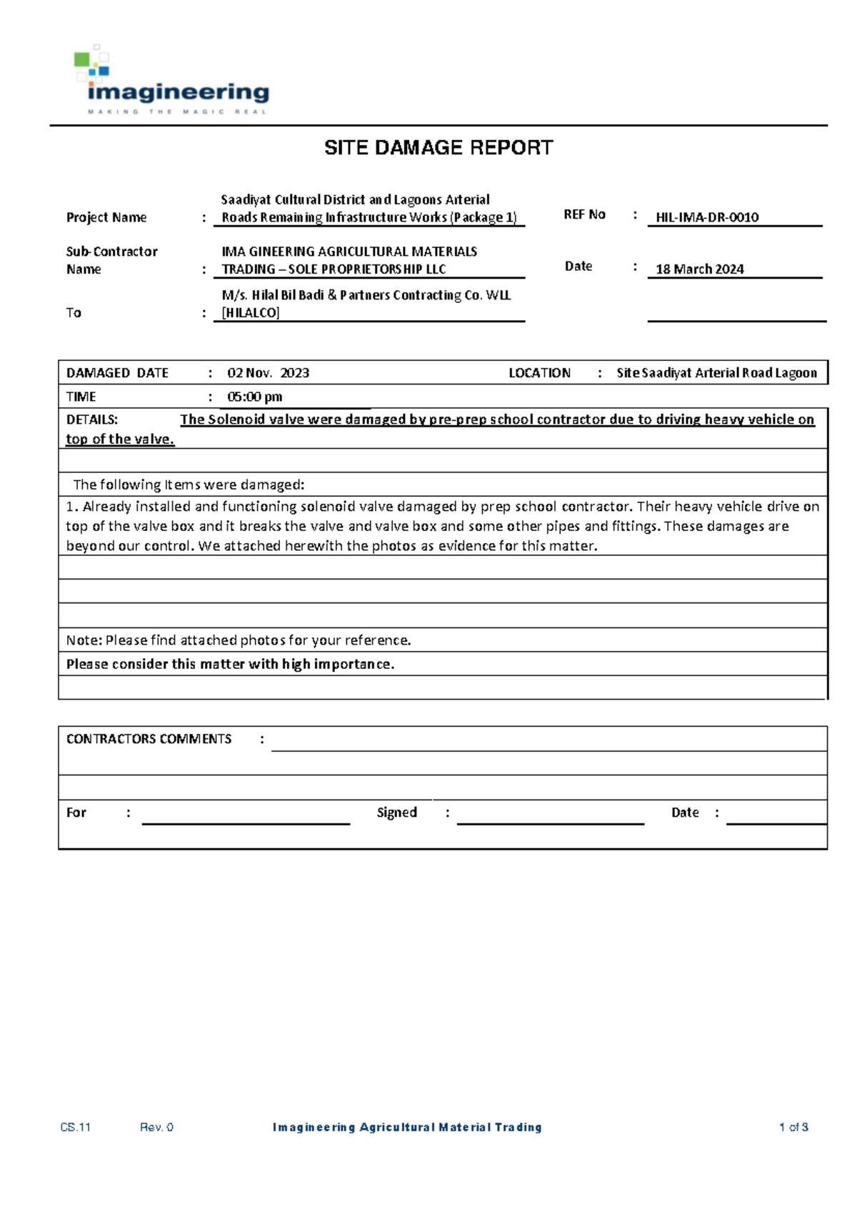 Sample damage report - CS Rev. 0 Imagineering Agricultural Material ...