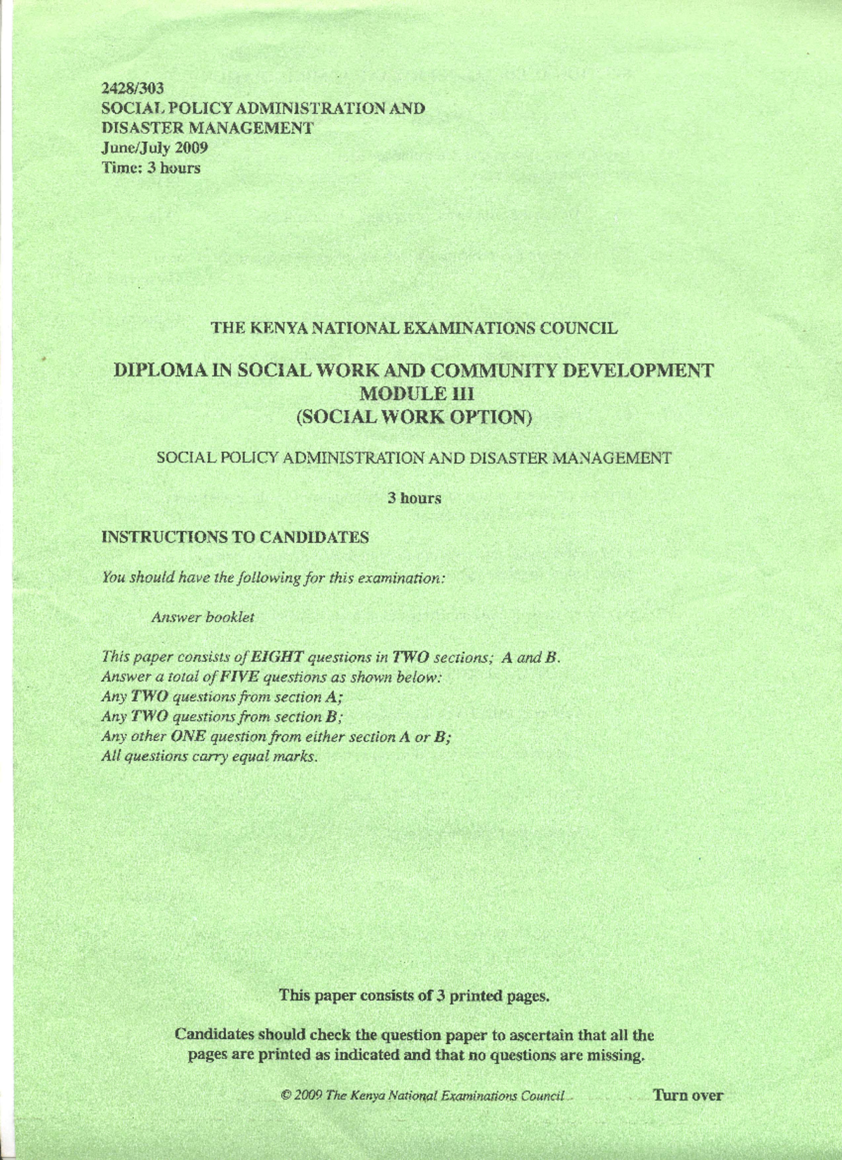 Social Policy Administration and Disaster Management Module III July ...