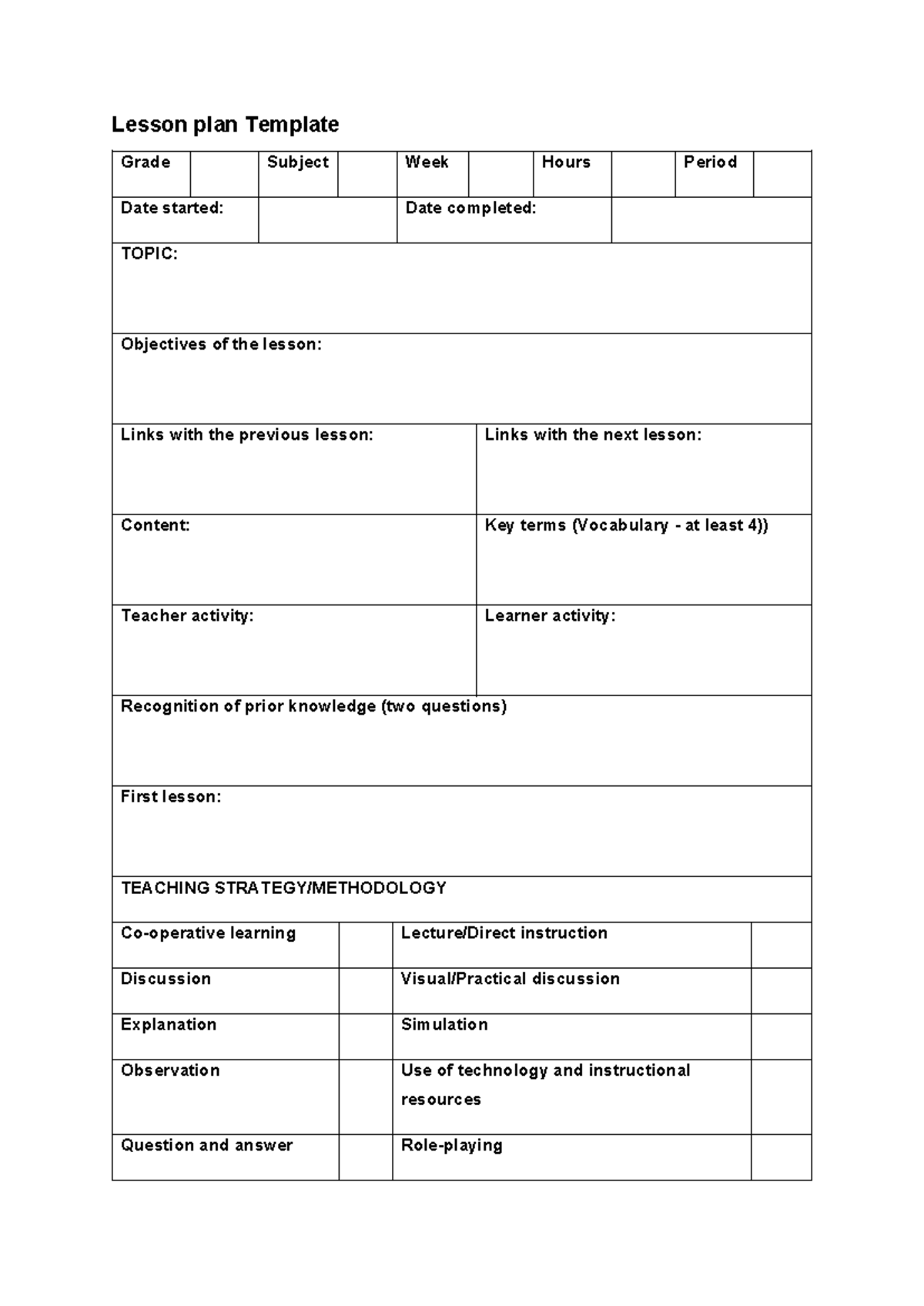 Lesson plan Template - Lesson plan Template Grade Subject Week Hours ...