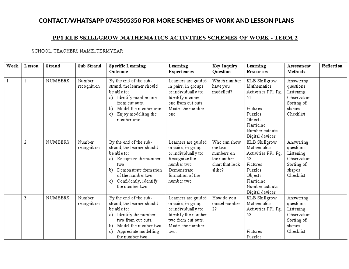 PP1 KLB Skillgrow Mathematics Term 2 Lesson Plans and Activities - Studocu