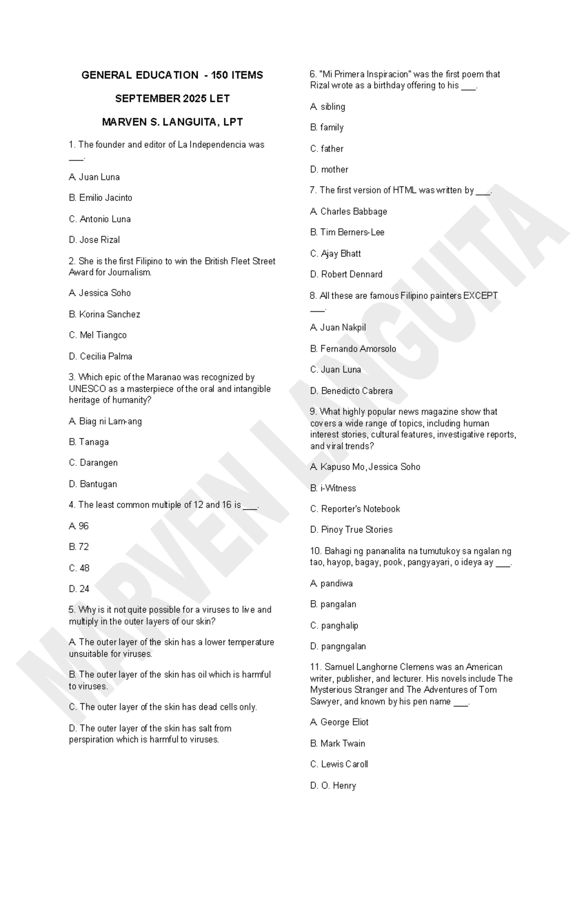 GENERAL EDUCATION 150 ITEMS REVIEWER FOR SEPT 2025 LET - Studocu