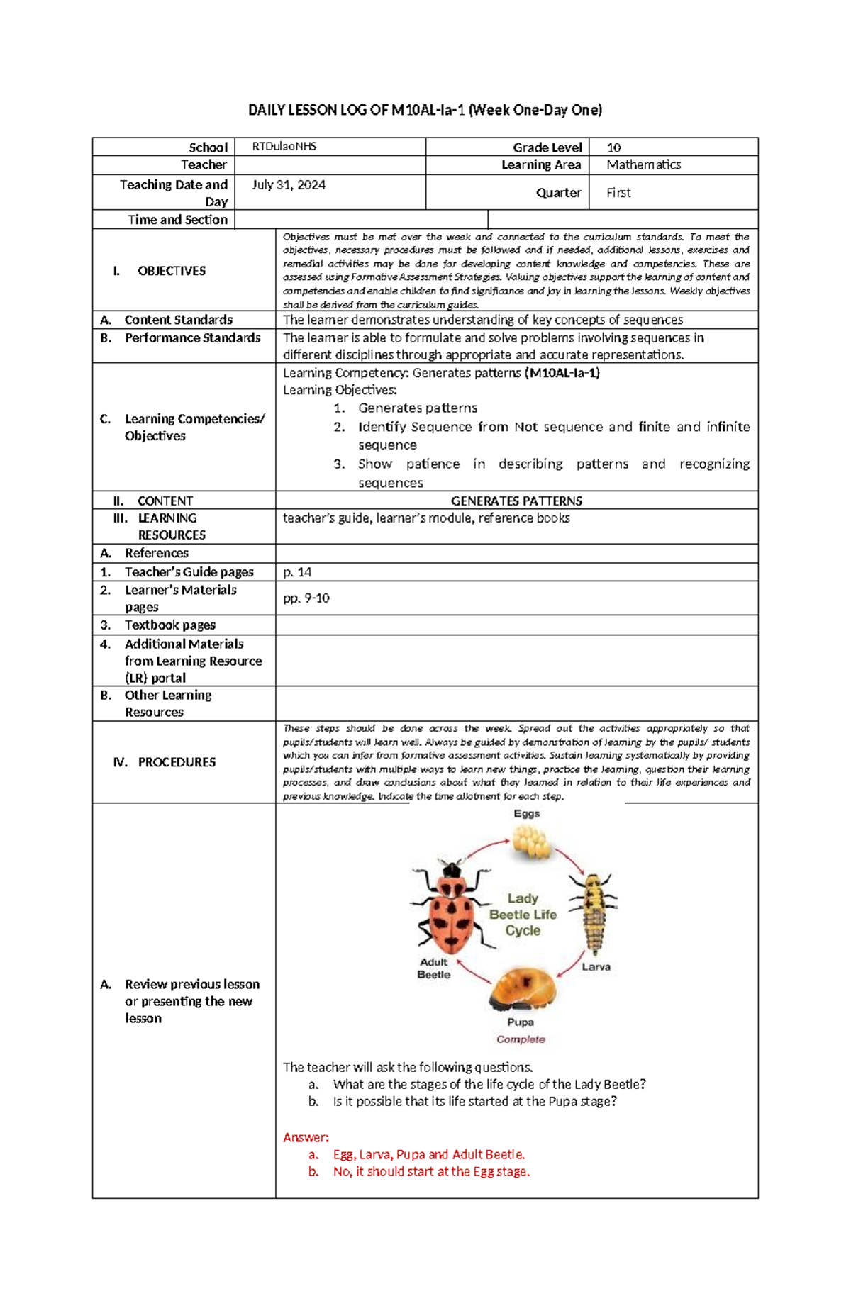 M10AL - Lesson Plan: Sequences and Patterns for Week 1 - Studocu