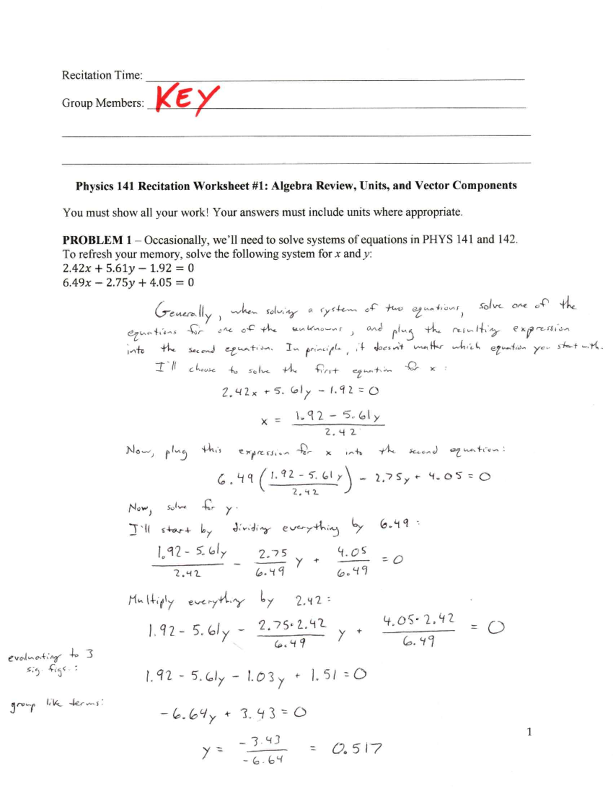 Physics 141 Recitation Worksheet: Algebra & Vectors Solutions - Studocu