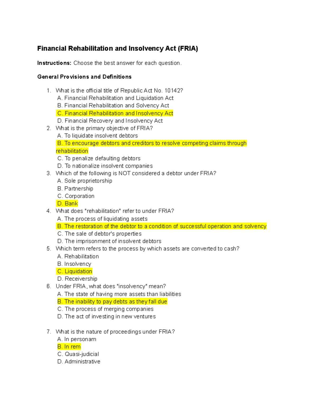 FRIA Test Bank 1: Comprehensive Answers for Financial Rehabilitation ...