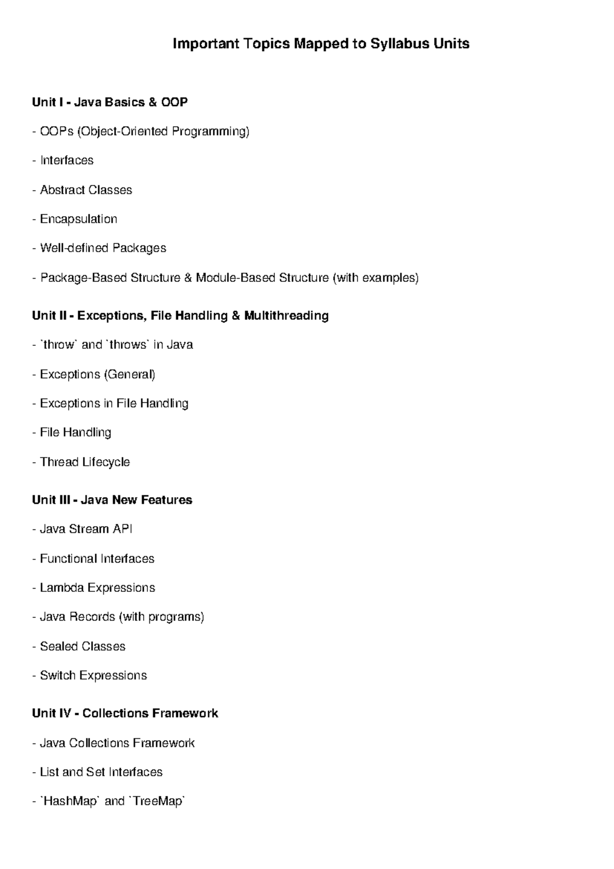 Java Important Topics Mapped to Syllabus Units (Java Imp) - Studocu
