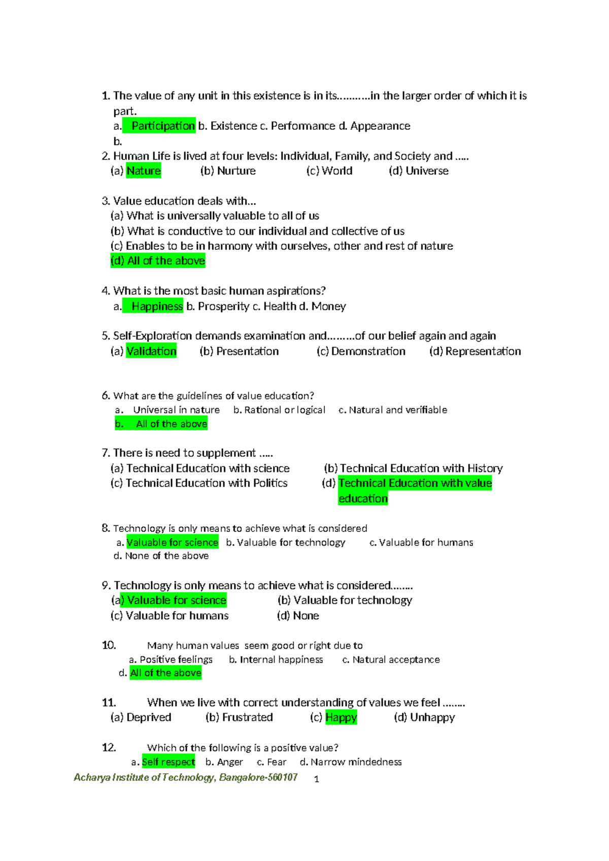 QB - 3 - Universal Human Values BUHK408 MCQ Exam Questions - Studocu