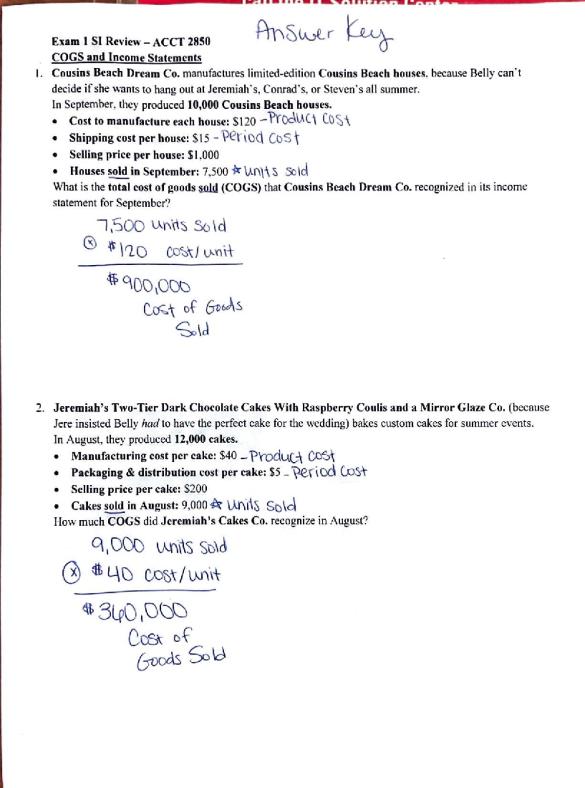 Answer Key for Exam 1 Review ACCT 2850: COGS & Income Statements - Studocu