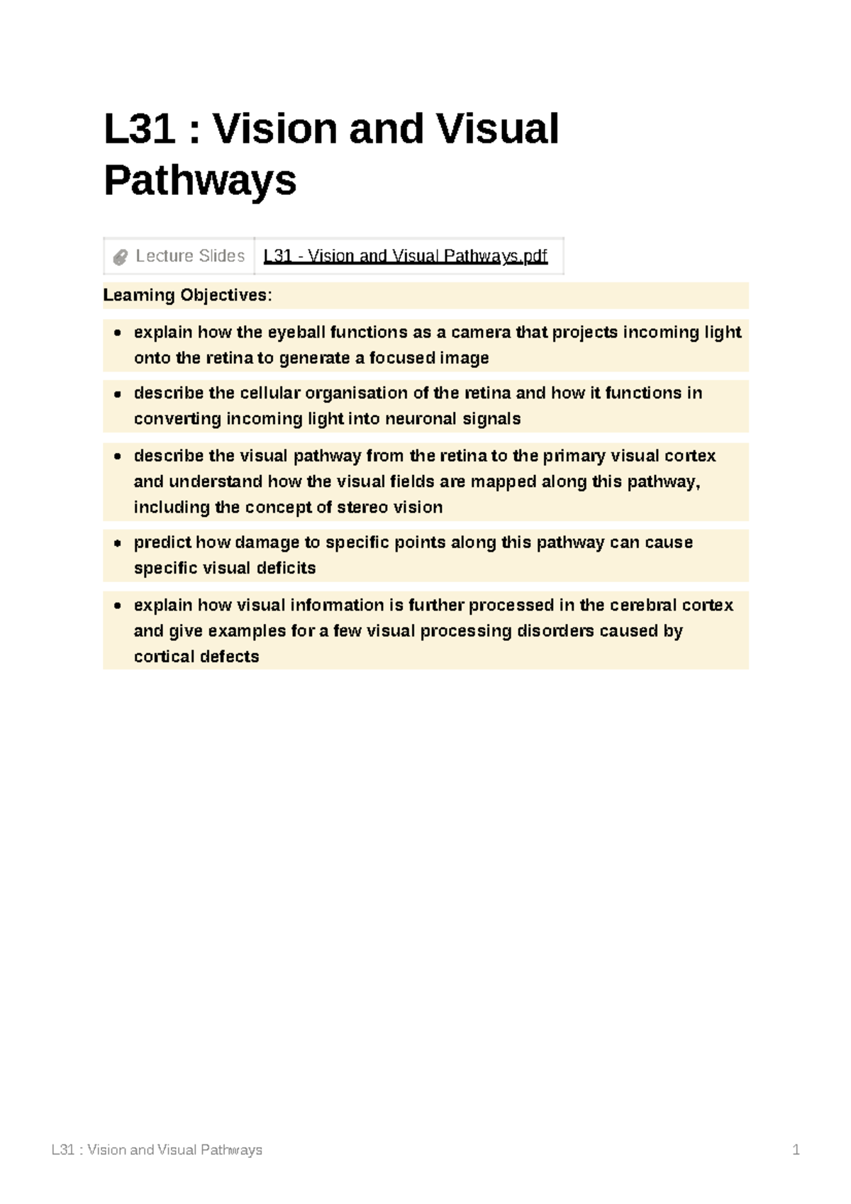 L31 Lecture: Vision and Visual Pathways Explained - Studocu