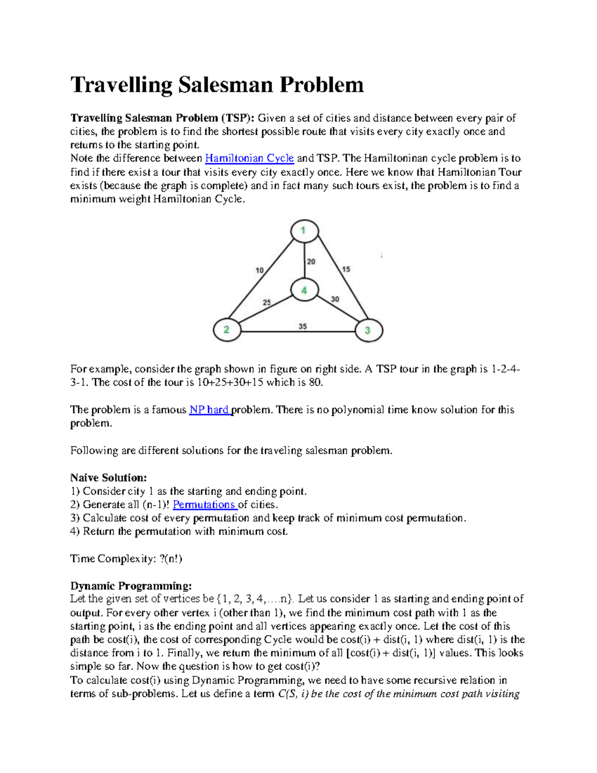 Travelling Salesman Problem (TSP): Solutions & Analysis Overview - Studocu