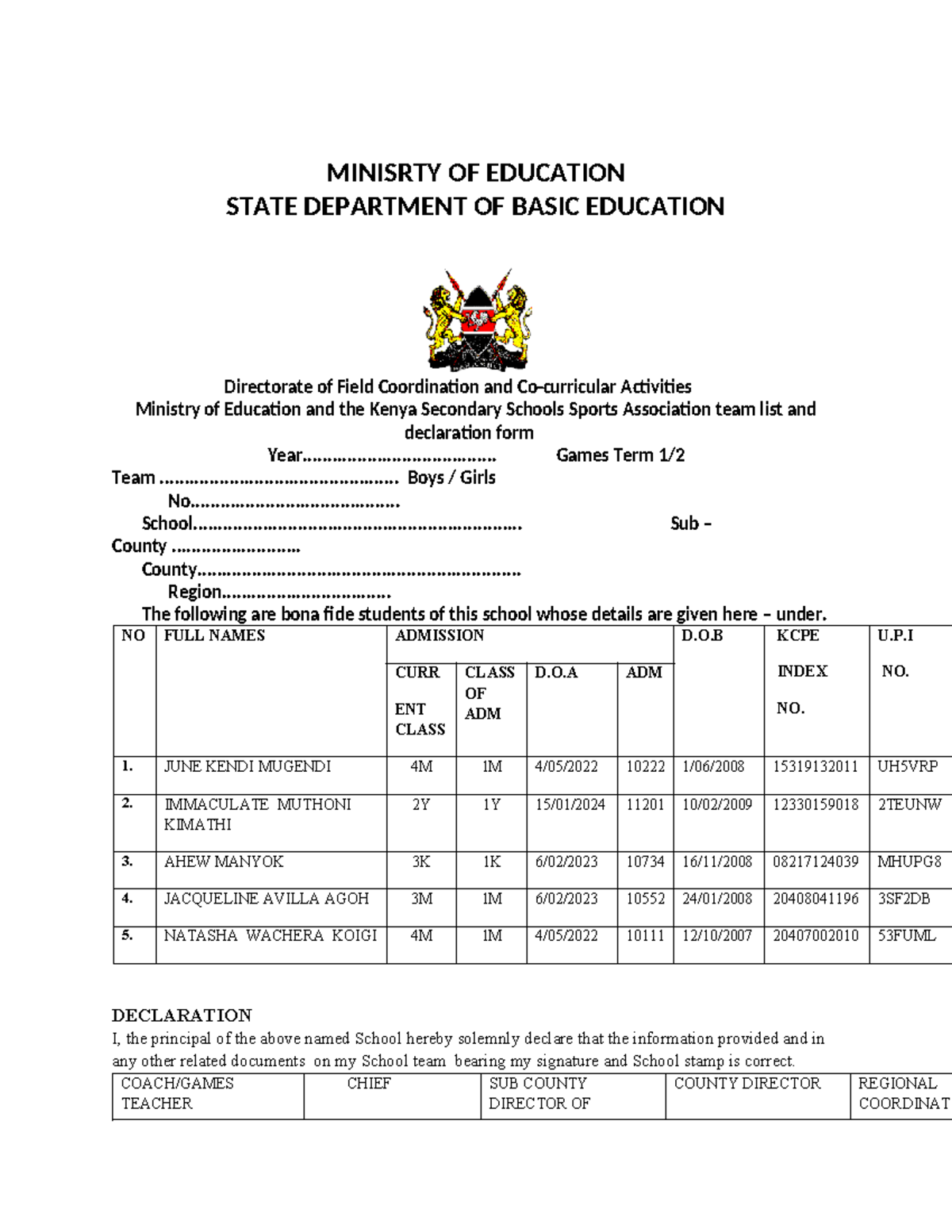 Declaration Sheet 2025 - Team List for Sports Events - Studocu