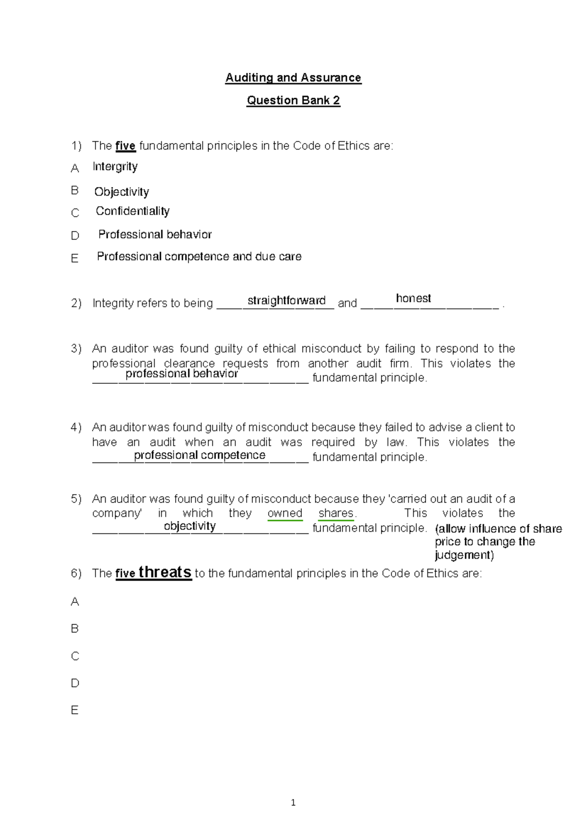 Question Bank 2 - Ethics: Fundamental Principles & Threats - Studocu