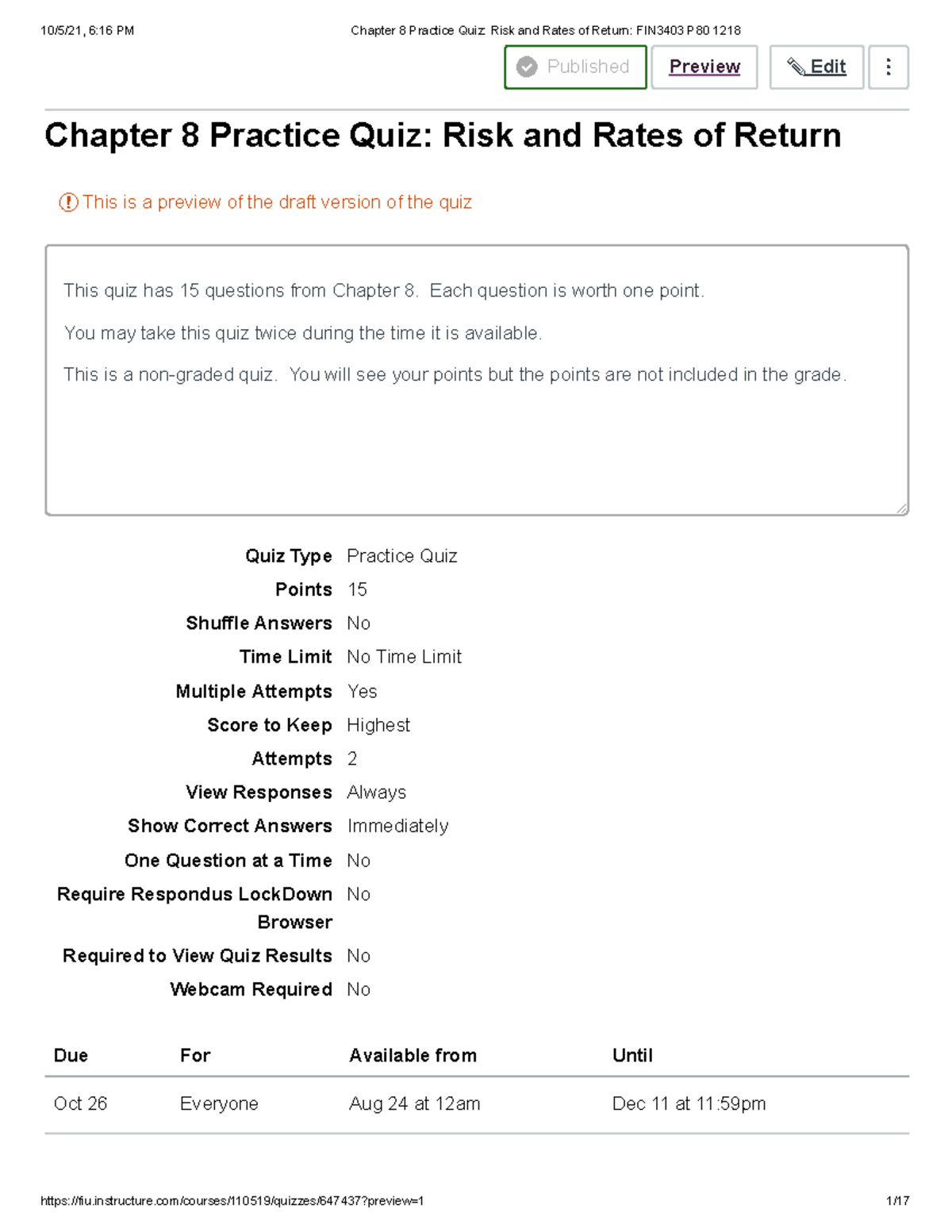 Chapter 8 Practice Quiz: Risk & Rates of Return Overview FIN3403 - Studocu