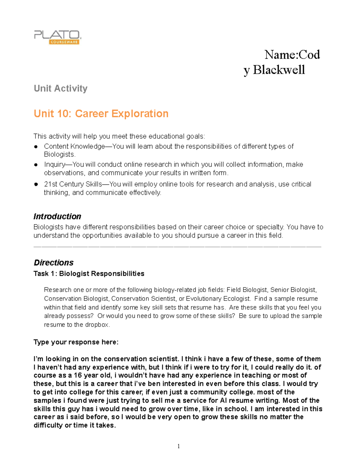 Unit 10 Activity Career Exploration [Your Name] - Name:Cod y Blackwell ...