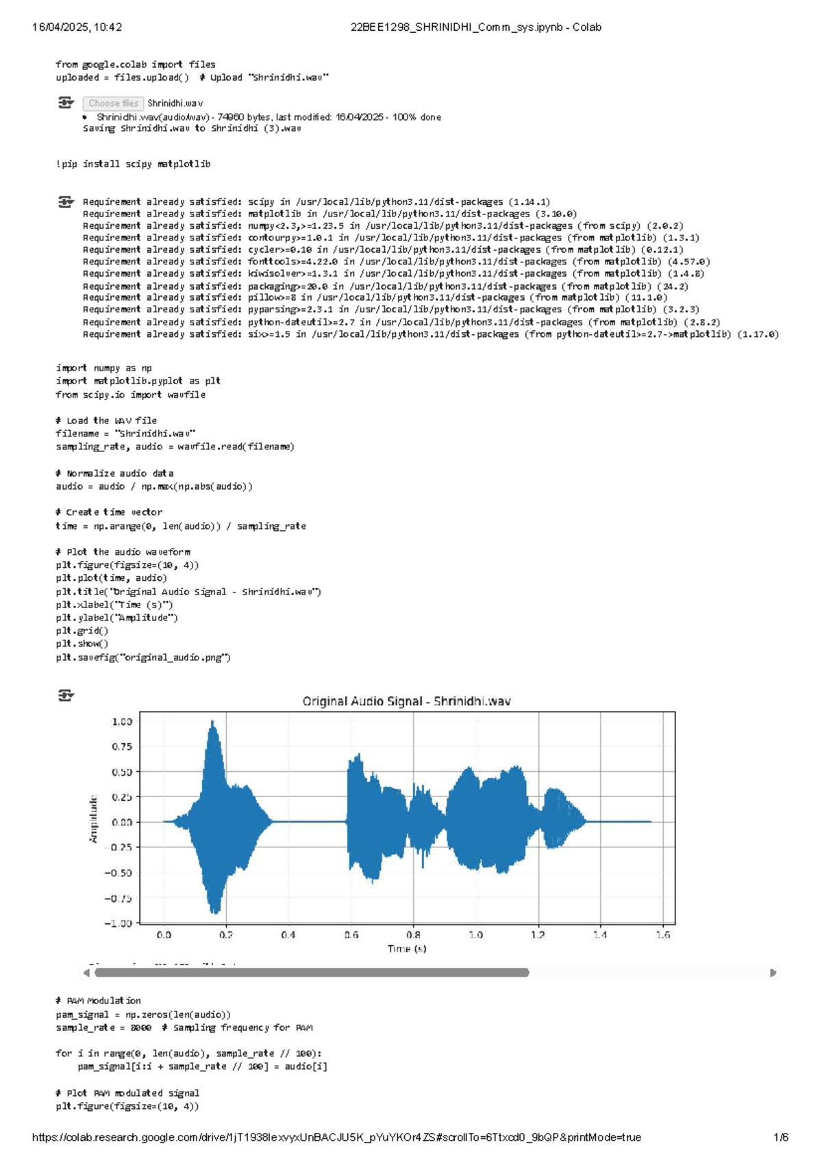 22BEE1298 Final Project: Audio Signal Processing in Comm Sys - Studocu