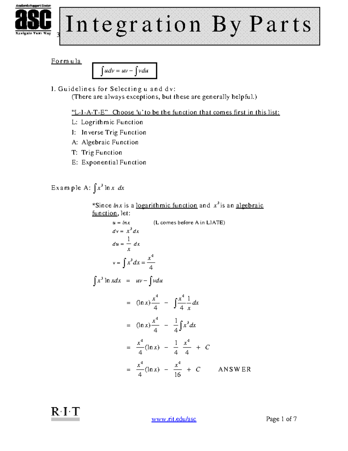 Integration By Parts: Key Formulas & Examples for Calculus 101 - Studocu