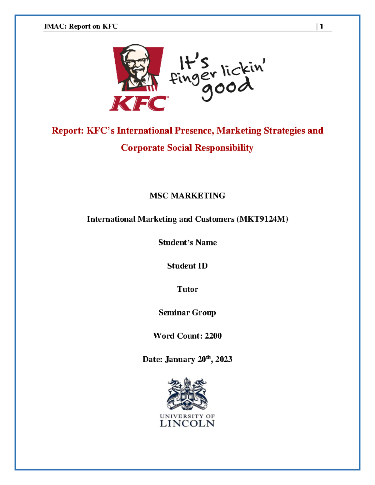 MKT9124M: KFC’s Global Marketing Strategies and CSR Analysis - Studocu