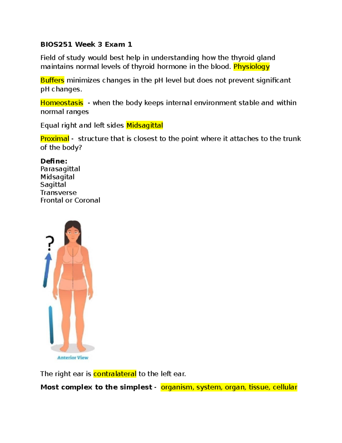 BIOS251 Week 3 Exam Review: Key Concepts in Anatomy & Physiology - Studocu