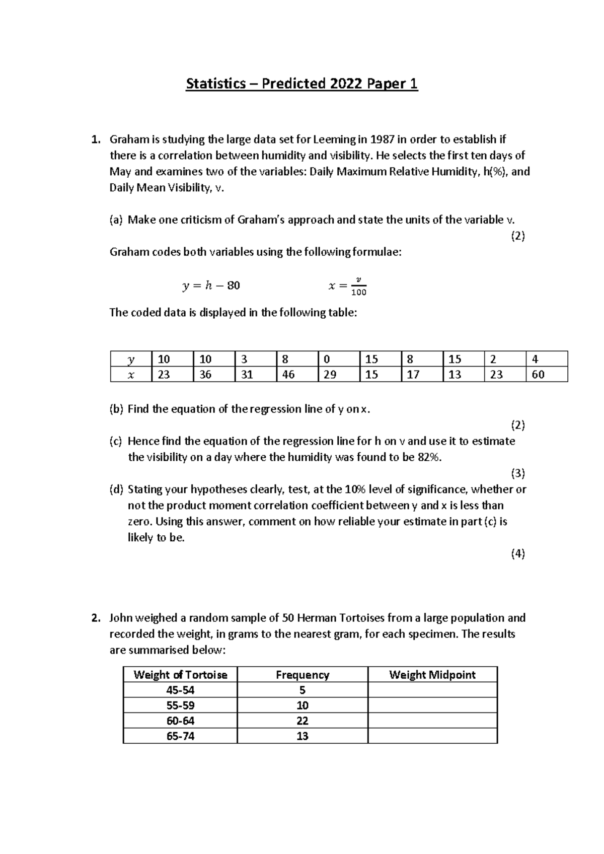 Statistics – Predicted Paper 1 (2022) Analysis and Techniques - Studocu