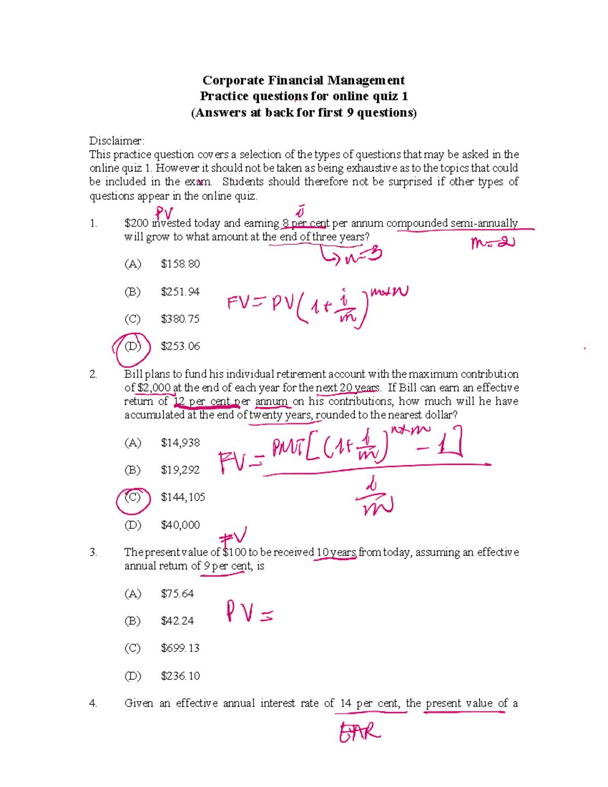 Corporate Financial Management Quiz 1 Practice Questions - Studocu