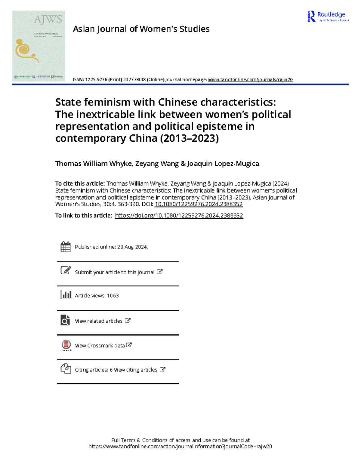State Feminism and Political Representation in Contemporary China: A ...
