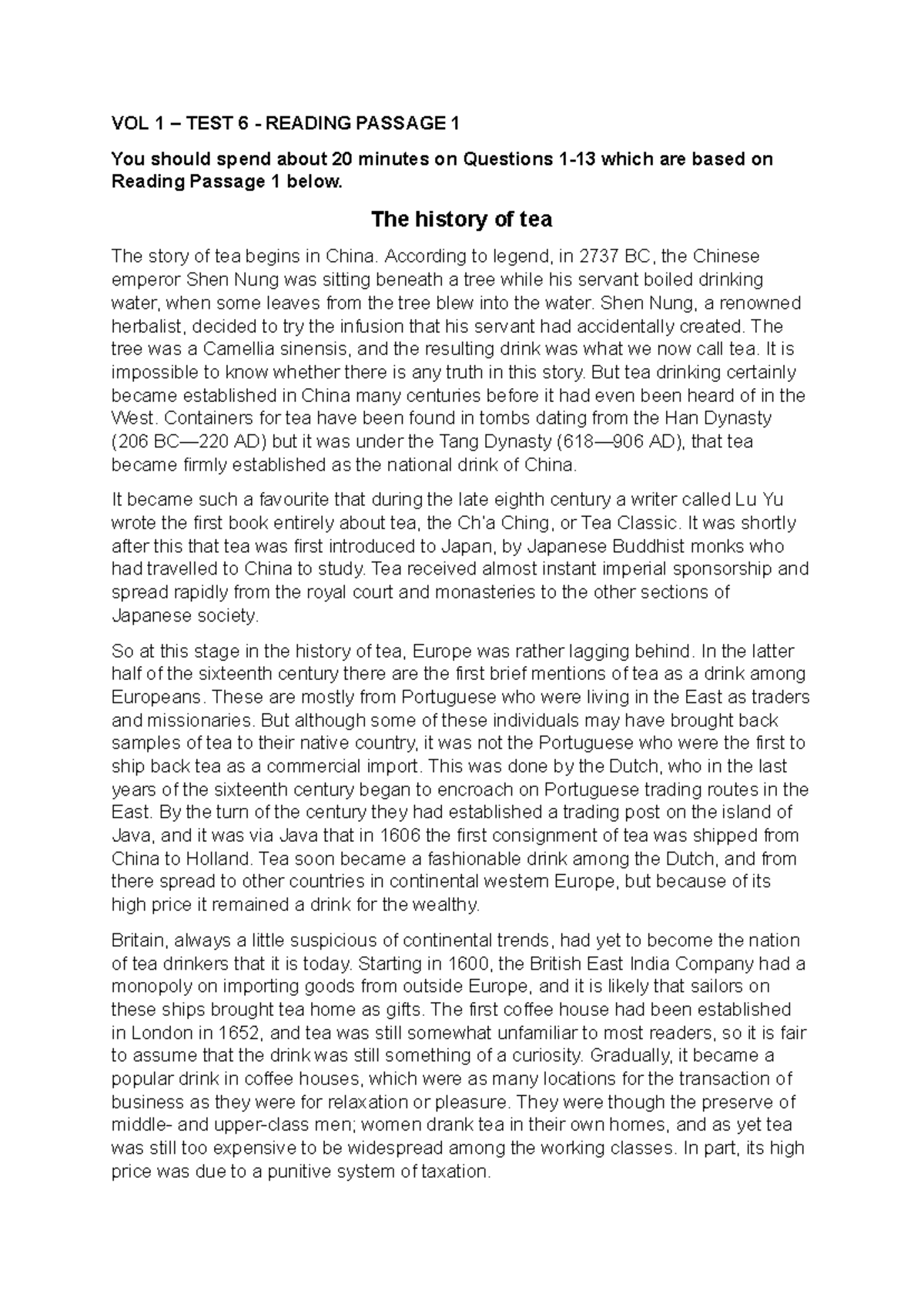 1 TEST 6 READING PASSAGE: The History of Tea - Studocu