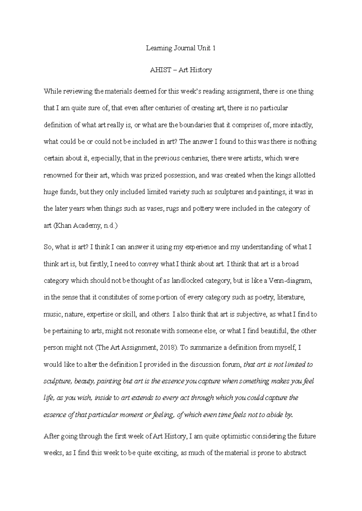 Learning Journal: Unit 1 Reflections on Art - AHIST 1401 - Studocu