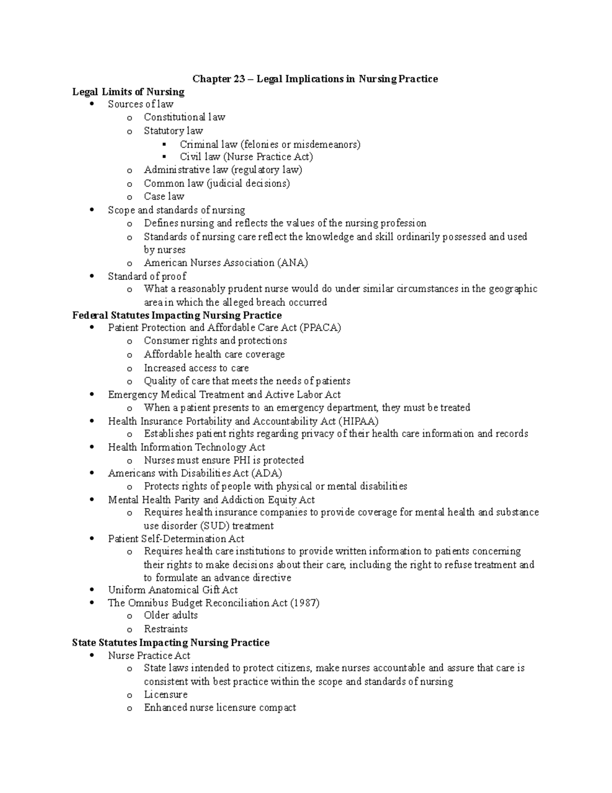 Chapter 23: Legal Implications in Nursing Practice and Standards - Studocu