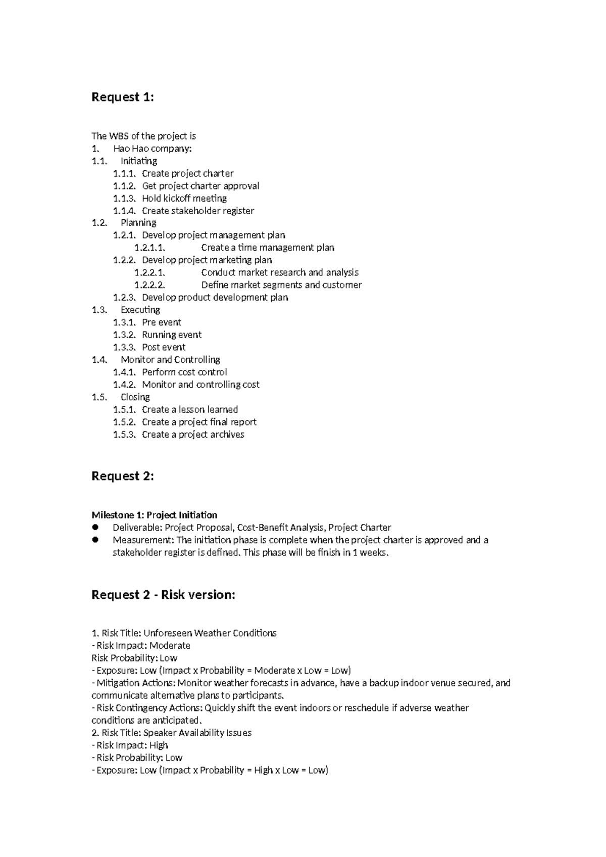 Project Management Overview: Requests on Planning & Risks - Studocu