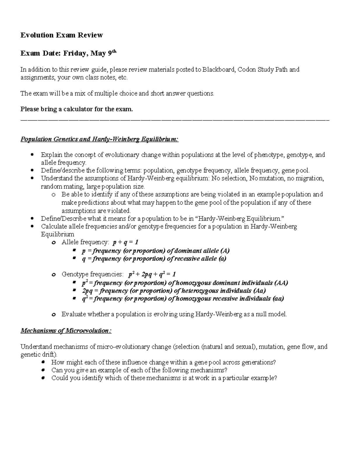 Evolution Exam Review Guide (Bio 101) - Key Concepts and Mechanisms ...