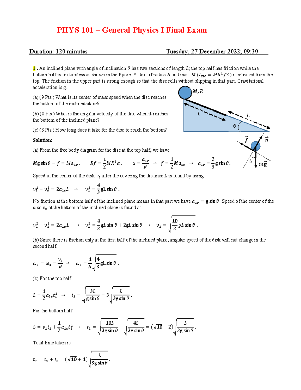PHYS 101 - General Physics I Final Exam Practice Questions - Studocu