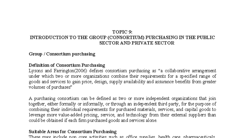 Topic 9: Consortium Purchasing in Public & Private Sectors - Studocu