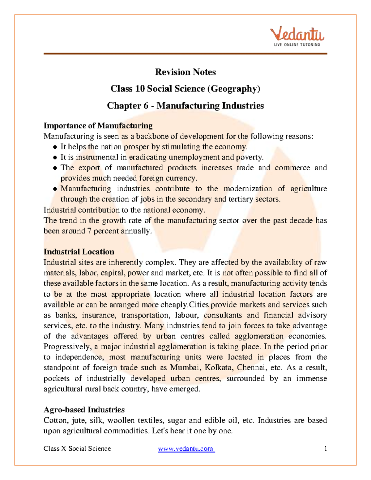 CBSE Class 10 Geography Chapter 6 Notes - Manufacturing Industries ...