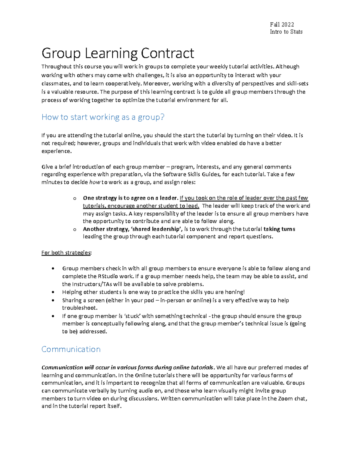 Group Learning Contract Stats Fall 2022 - Fall 2022 Intro to Stats ...