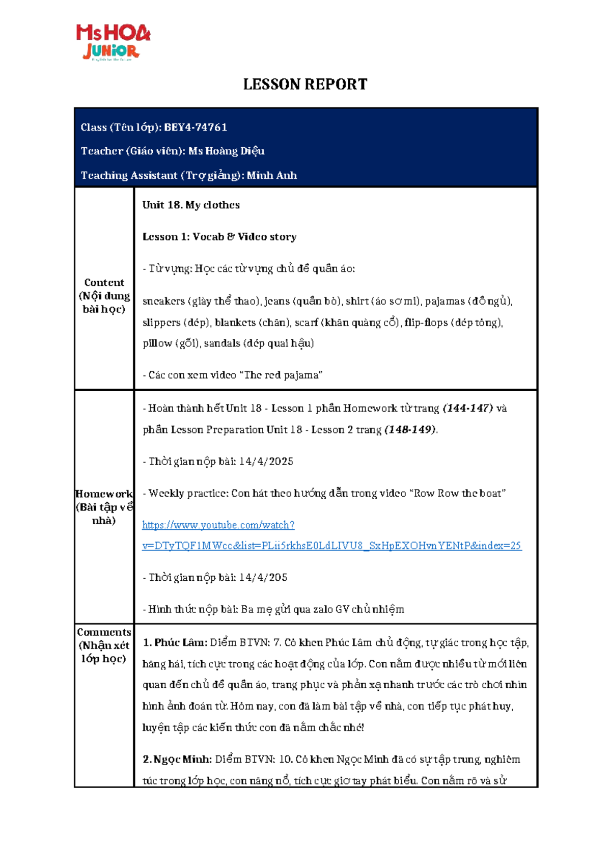 Lesson Report - U18 - L1 - Explorer 1 - LESSON REPORT Class (Tên l ớp ...