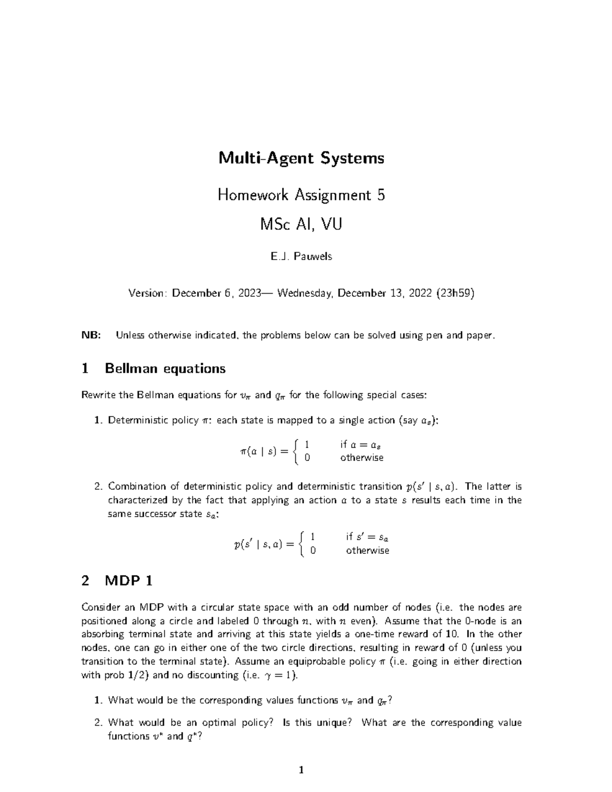 MAS 2023-24 HW 5 - Homework Assignment on Multi-Agent Systems - Studeersnel