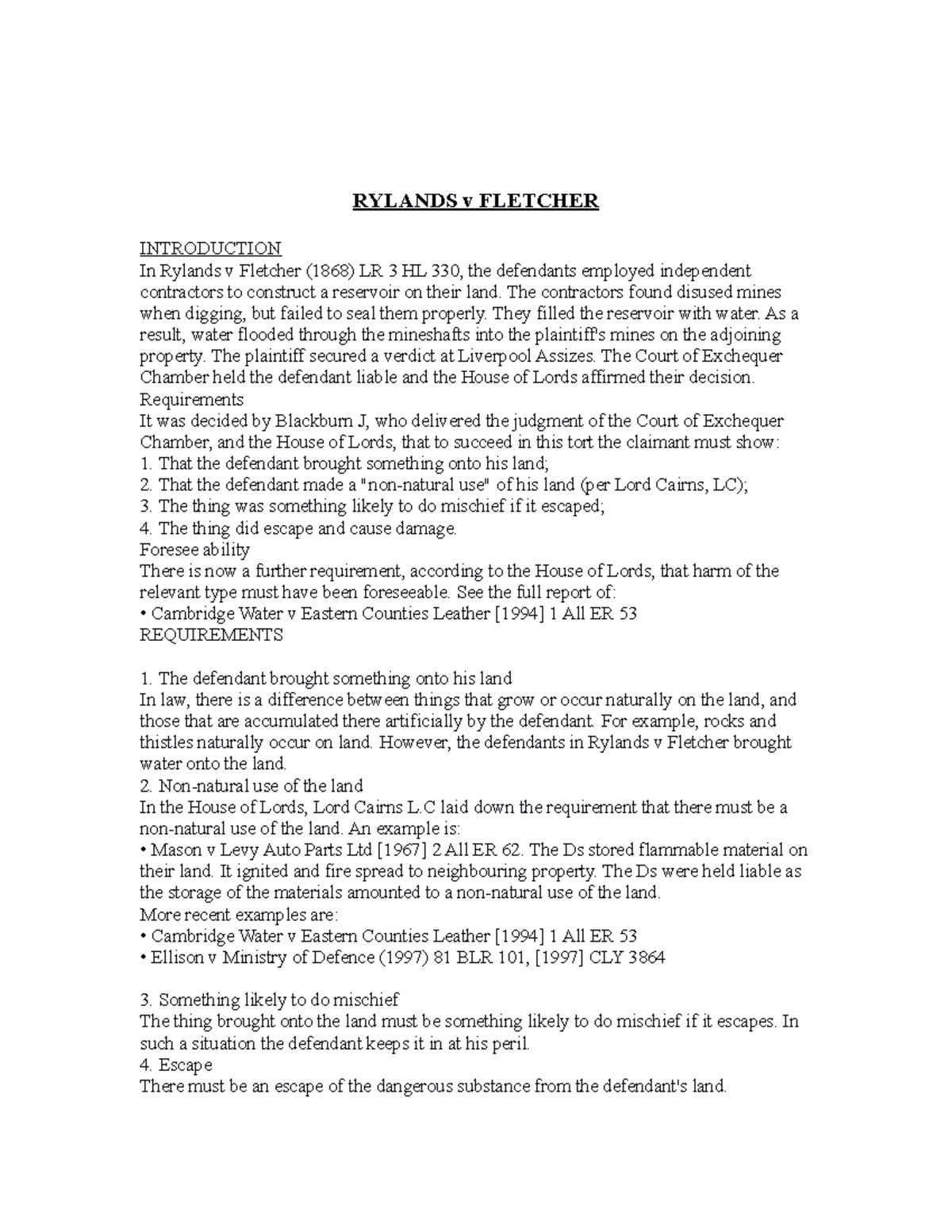 Rylands v Fletcher - Case law - RYLANDS v FLETCHER INTRODUCTION In ...