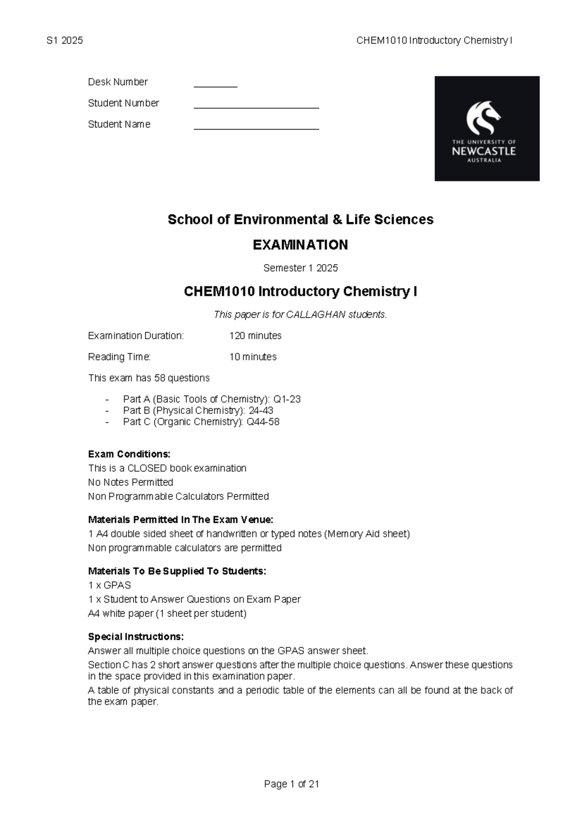 CHEM1010 S1 2025 Final Exam: Introductory Chemistry I - Studocu