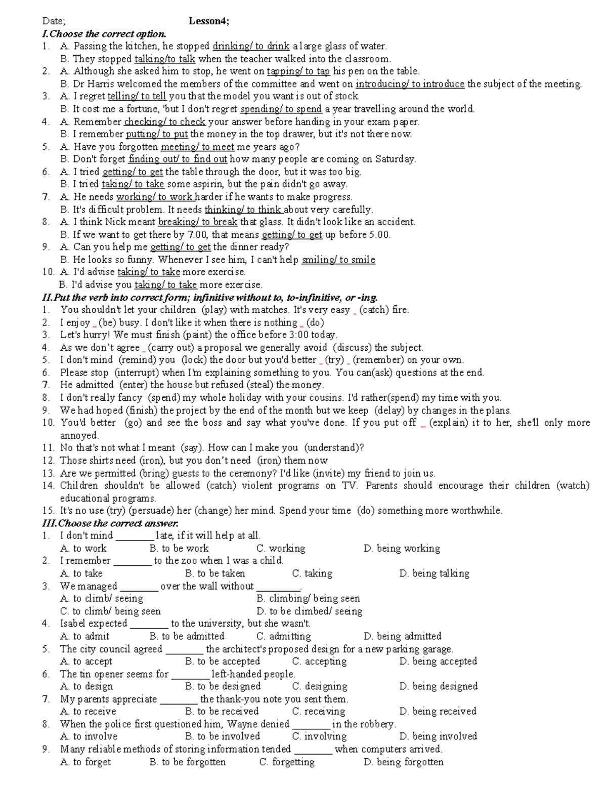 11A3 - Infinitive Practice and Verb Form Exercises - Studocu
