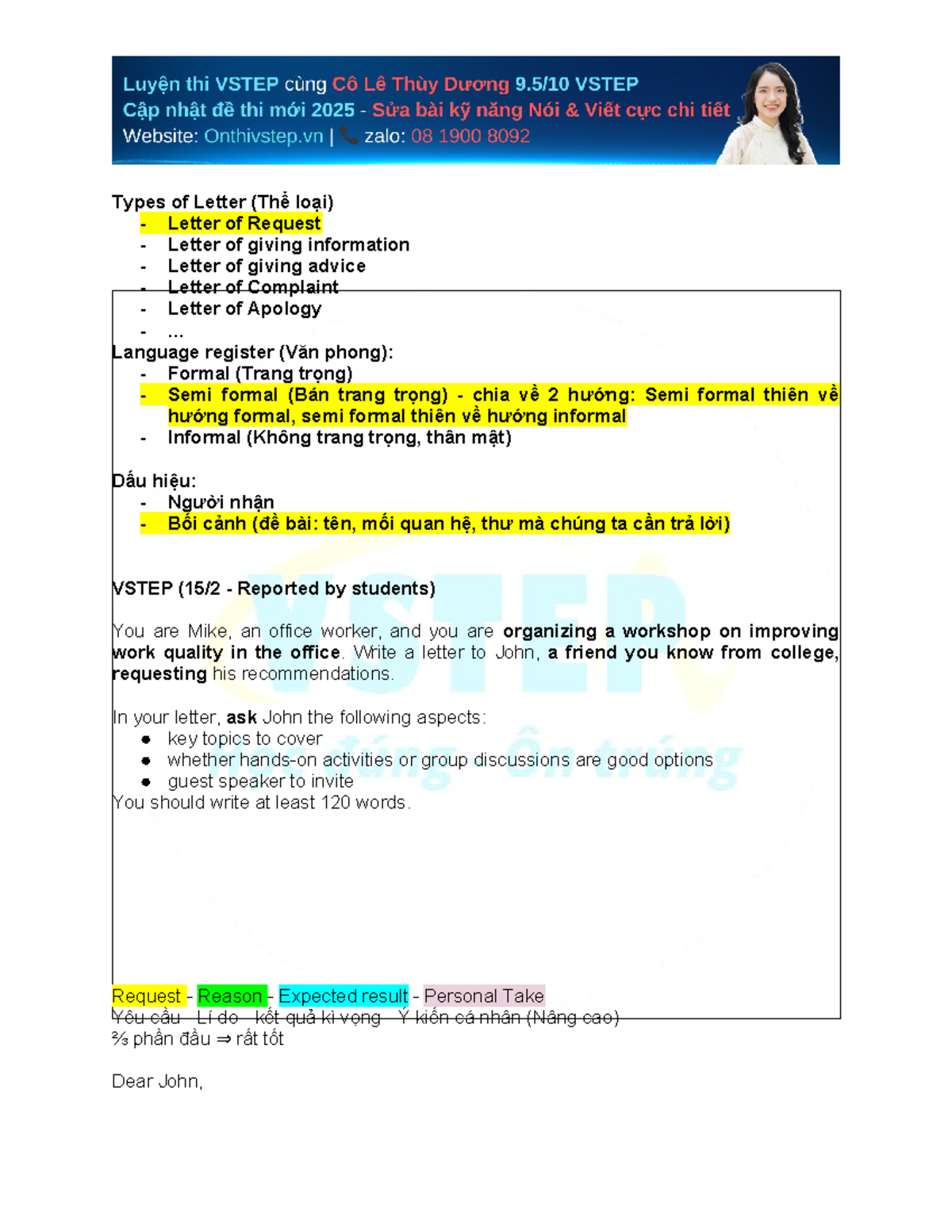 2102 - Vstep Writing - Letter of request - Types of Letter (Thể loại ...