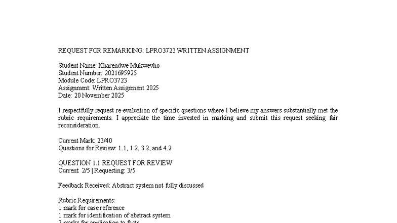 Remarking request guideline - REQUEST FOR REMARKING: LPRO3723 WRITTEN ...