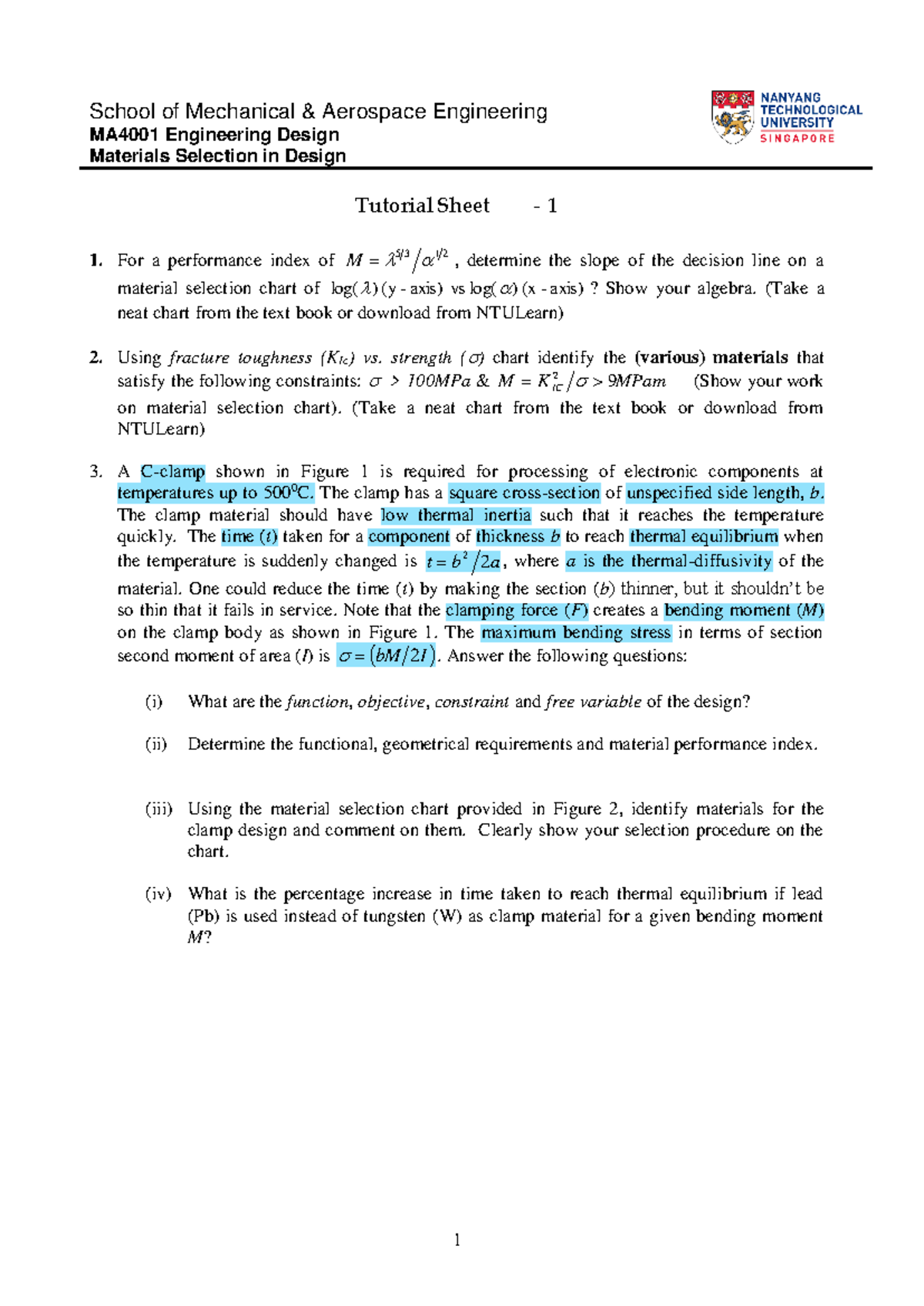 MA4001 Engineering Design: Materials Selection Tutorial Sheet 1 - Studocu