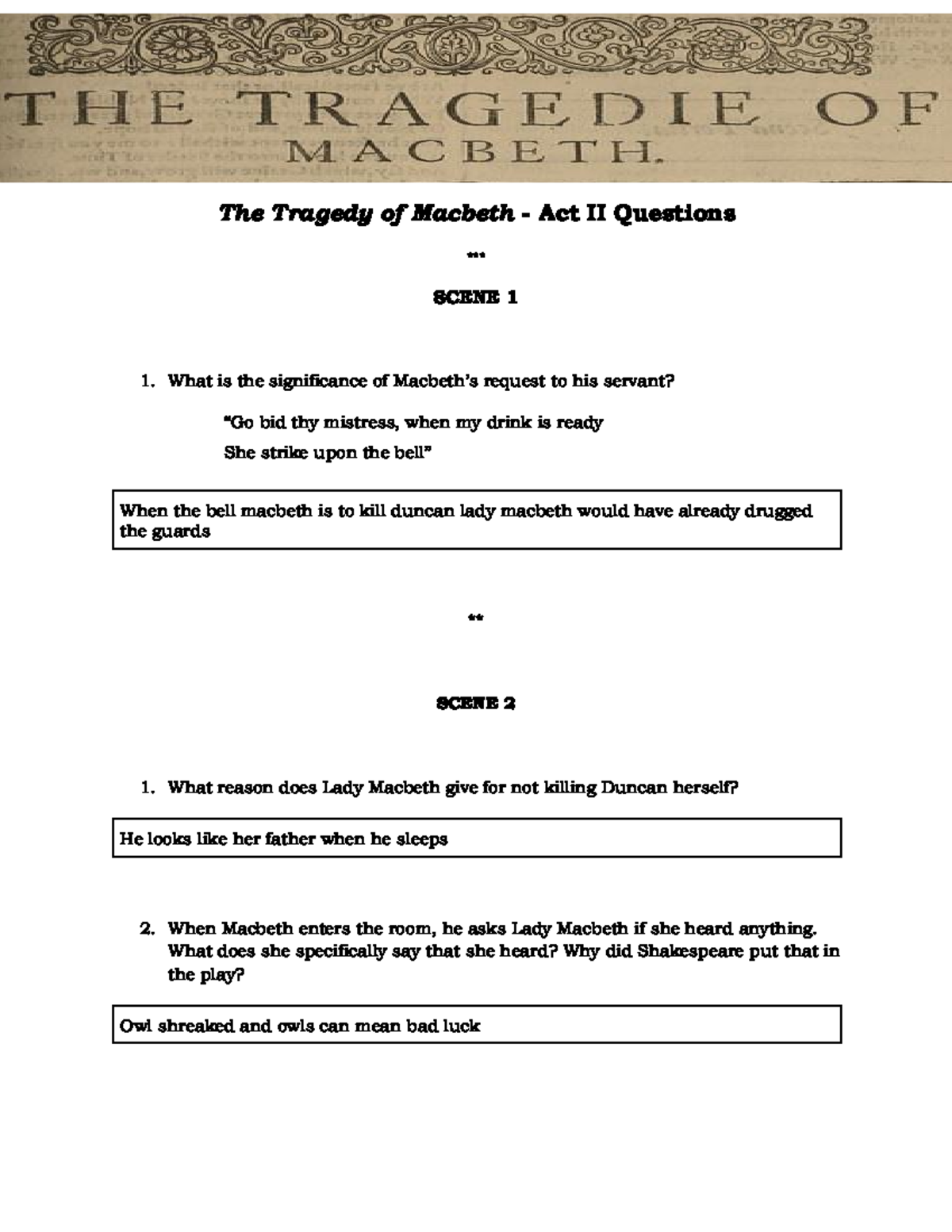 The Tragedy of Macbeth - Act II Questions (ENG 101) - Studocu