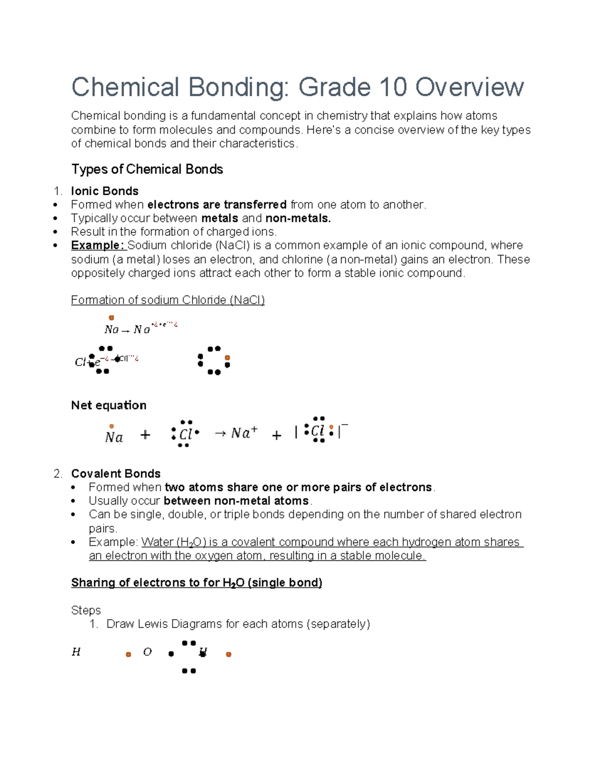 Chemical Bonding: Grade 10 Summary Notes on Bonds - Studocu