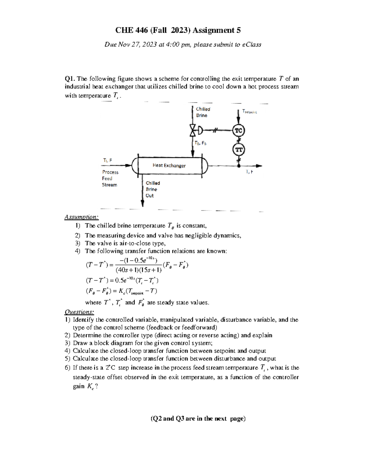 CHE 446 Fall 2023 Assignment 5: Control System Analysis & Design - Studocu