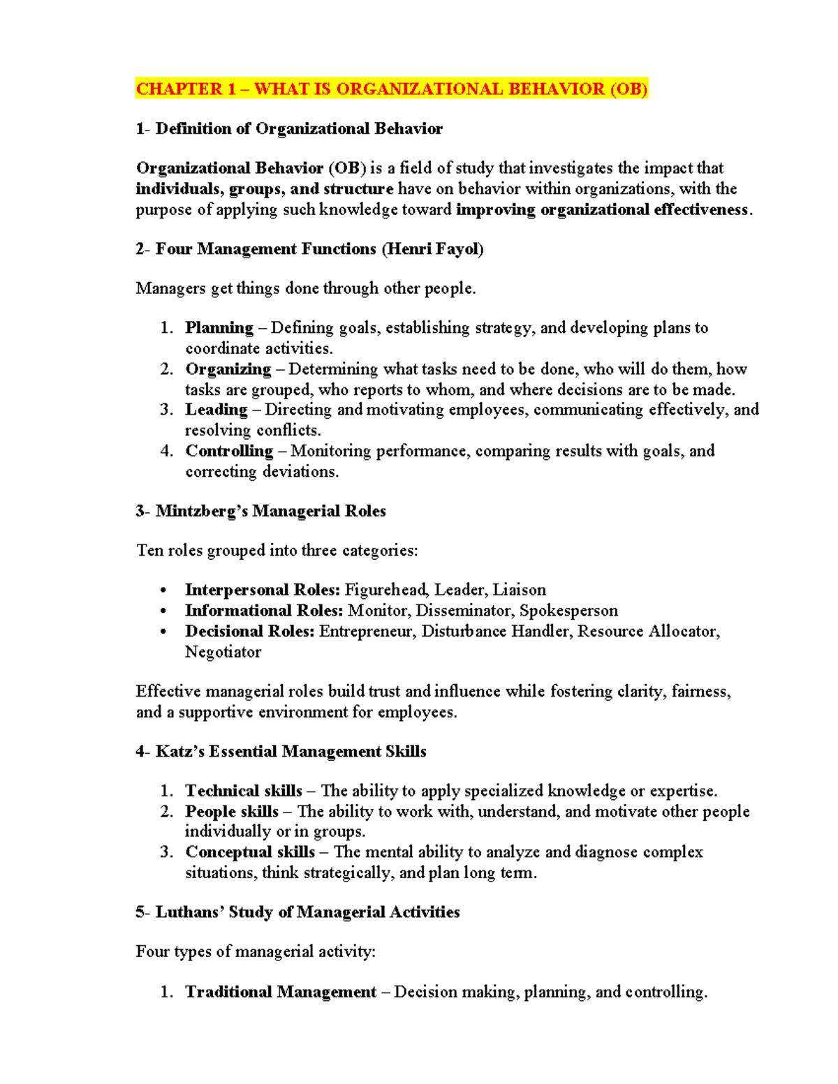 CHAPTER 1: INTRODUCTION TO ORGANIZATIONAL BEHAVIOR (OB) - Studocu