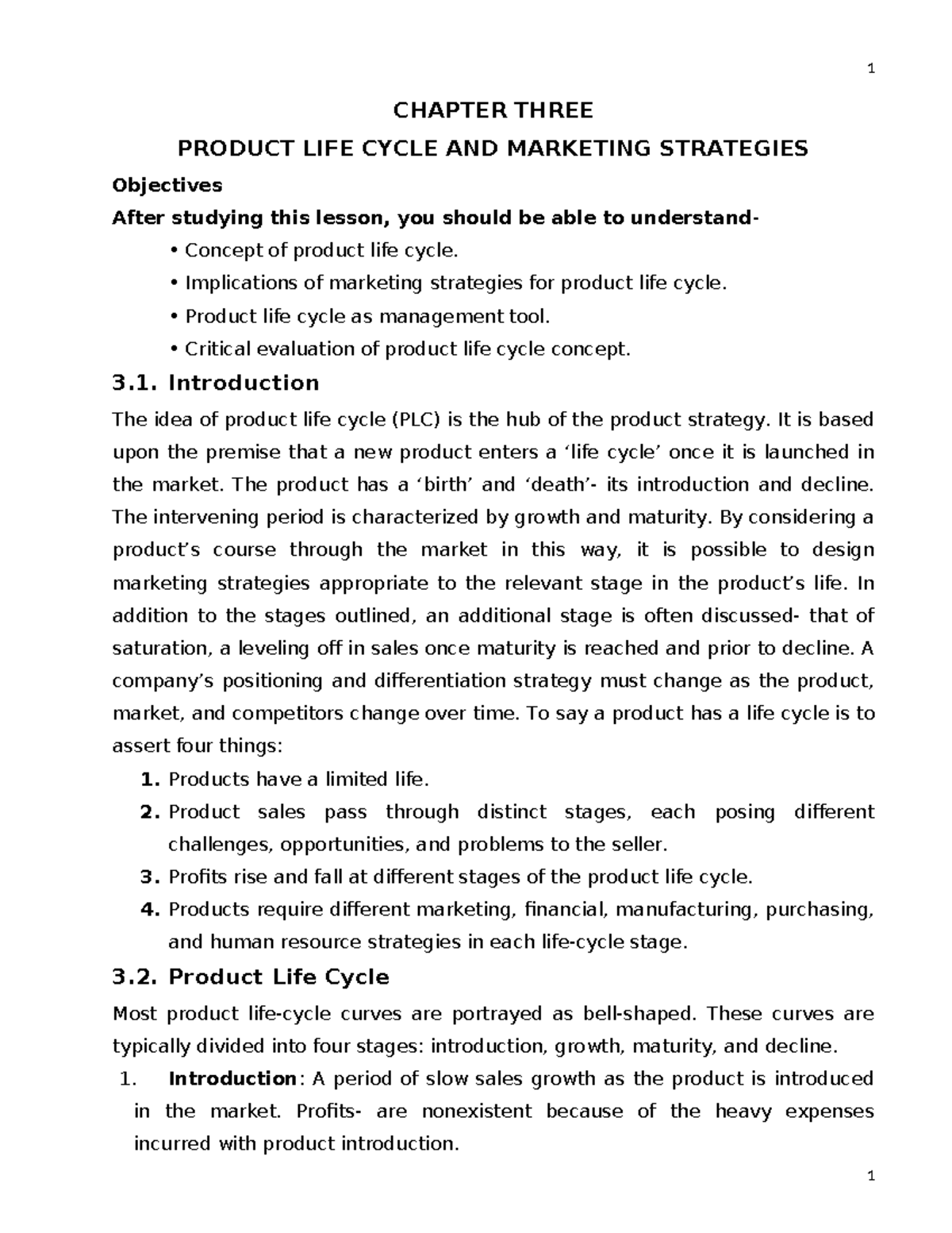 CH-3: Product Life Cycle & Marketing Strategies Overview - Studocu