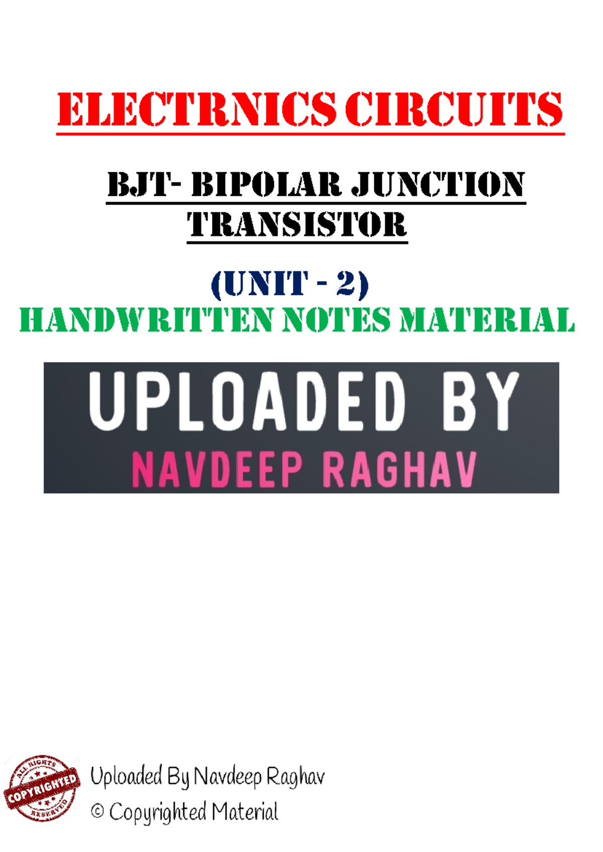 Electronic Circuits (Unit 2) - BJT Handwritten Notes Summary - Studocu